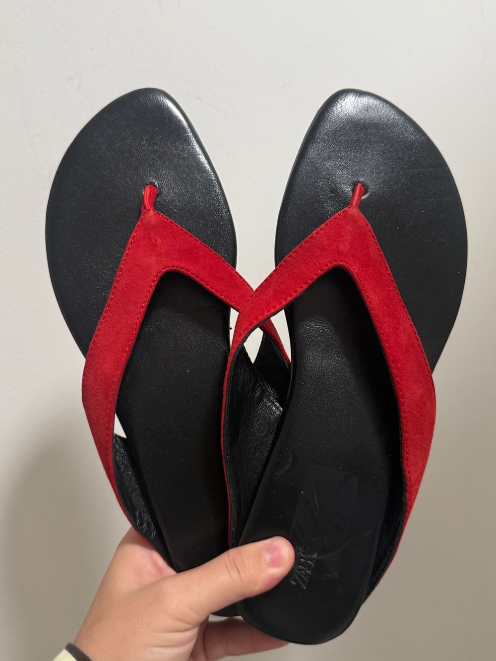 Zara Red Suede and Black Footbed Thong Sandals